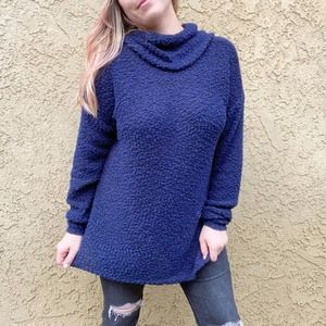 Boho navy blue cowl neck marled popcorn knit relaxed loungewear sweater  Sz L